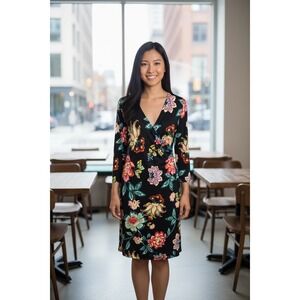Sunny Leigh Floral Print Long Sleeve Wrap‎ Dress Black Multicolor Small